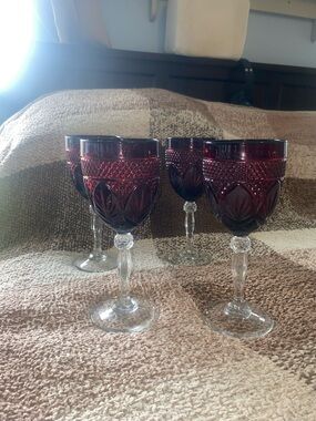Set of Four Ruby Red Cut Crystal Wine Goblets